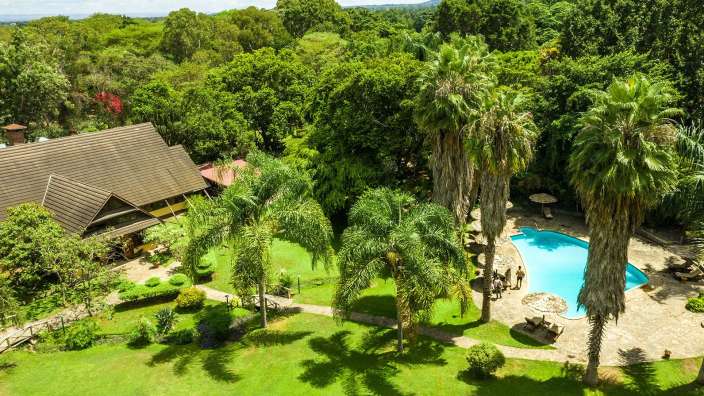 Eine Luftaufnahme eines Swimmingpools in einem tropischen Garten