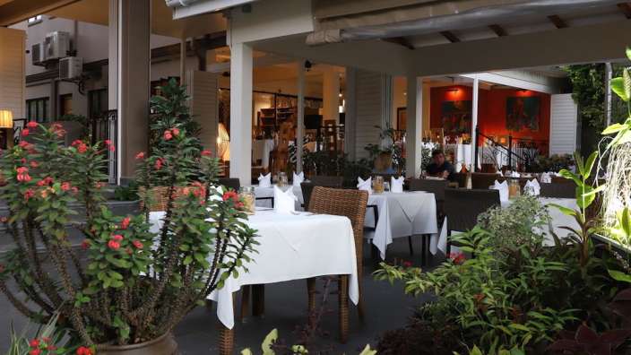Tische und Stühle auf einer Terrasse mit einer Pflanze im Vordergrund