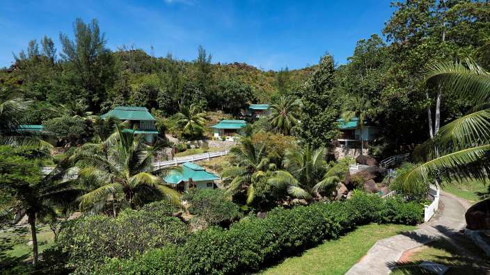 Eine Gruppe von Häusern mit grünen Dächern inmitten eines Dschungels