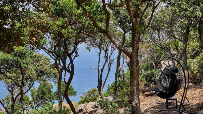 Ein schwarzer Schaukelstuhl im Wald mit Blick auf das Meer