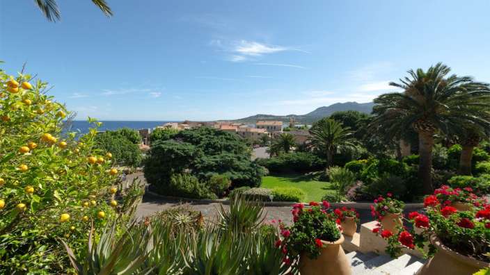 Ein Garten mit Blumen und Bäumen mit Blick auf das Meer