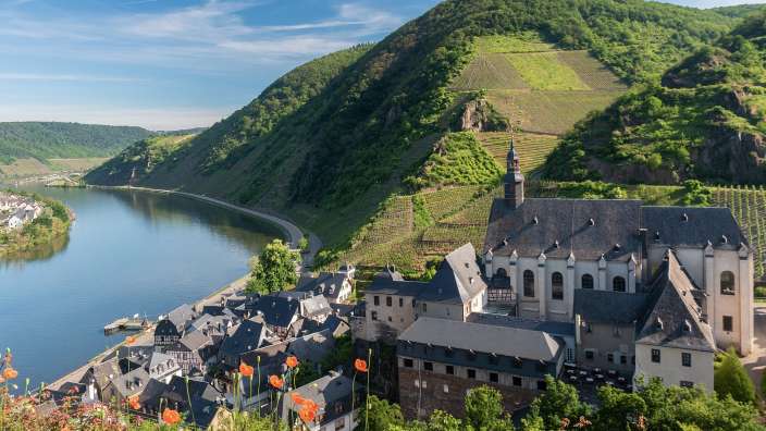 Diese Aufnahme zeigt eine malerische Ansicht eines Dorfes am Ufer eines Flusses, das von Weinbergen und grünen Hügeln umgeben ist.