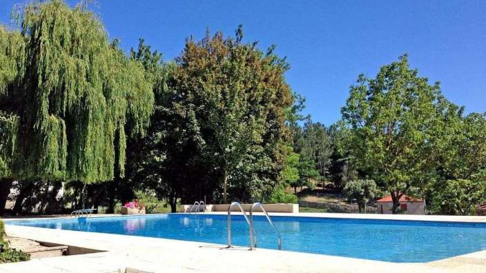 Ein großer Swimmingpool umgeben von Bäumen an einem sonnigen Tag