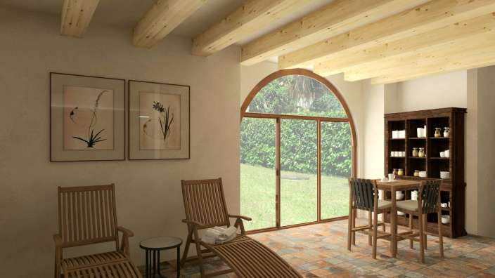 Ein Raum mit einem Tisch und Stühlen und zwei Bildern an der Wand