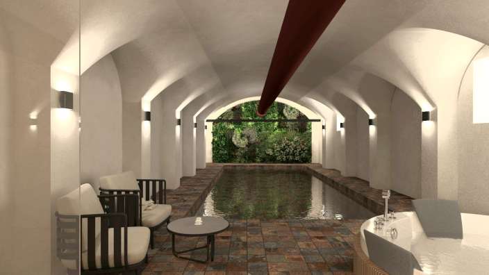 Ein Badezimmer mit einem Whirlpool und einem Swimmingpool