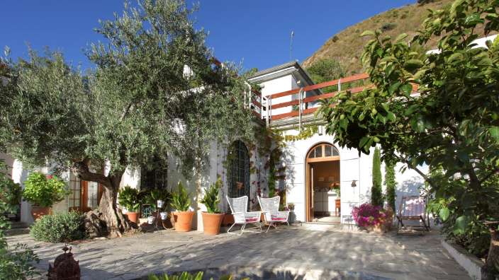 Ein weißes Haus auf einem Hügel mit vielen Pflanzen davor