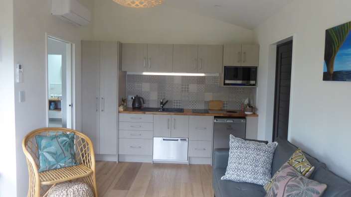 Ein Wohnzimmer mit einer Couch und einem Korbstuhl neben einer Küche