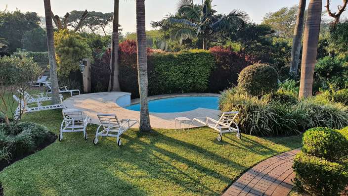 Ein Garten mit einem großen Pool und Liegestühlen