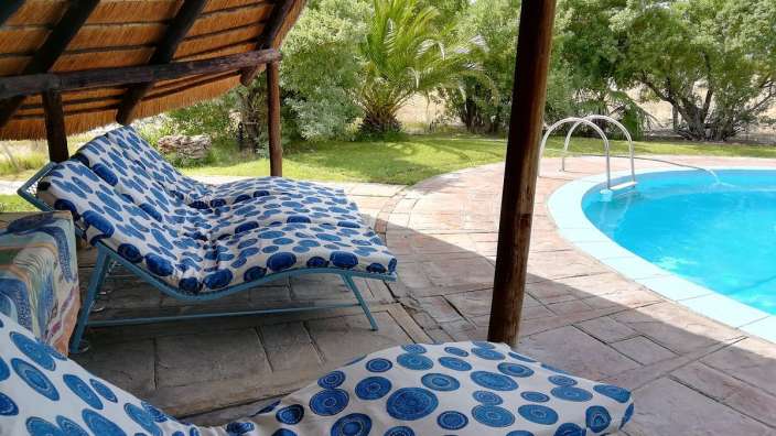 Liegestühle mit blauen Tupfen stehen neben einem Swimmingpool