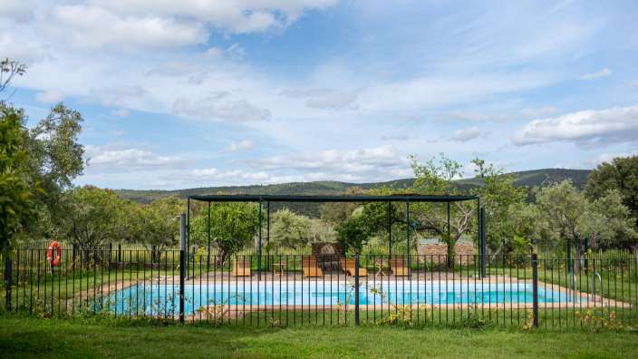 Ein großer Pool mit einem Zaun umgeben von Gras und Bäumen