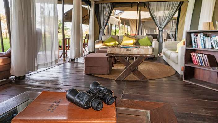 Ein Paar Fernglase sitzt auf einem braunen Lederbuch mit der Aufschrift " safari diary "