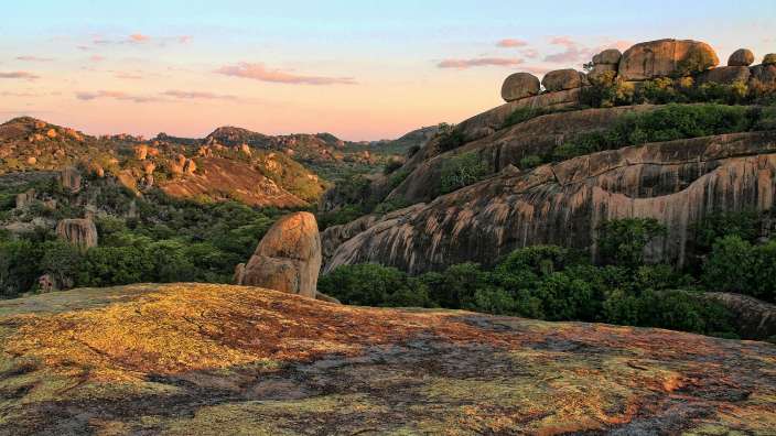 Ein Berg mit vielen Felsen und Bäumen