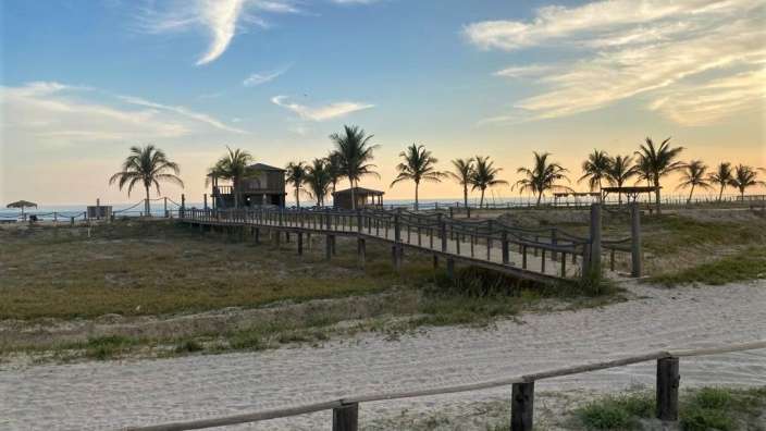 Ein Holzsteg führt zum Strand mit Palmen im Hintergrund