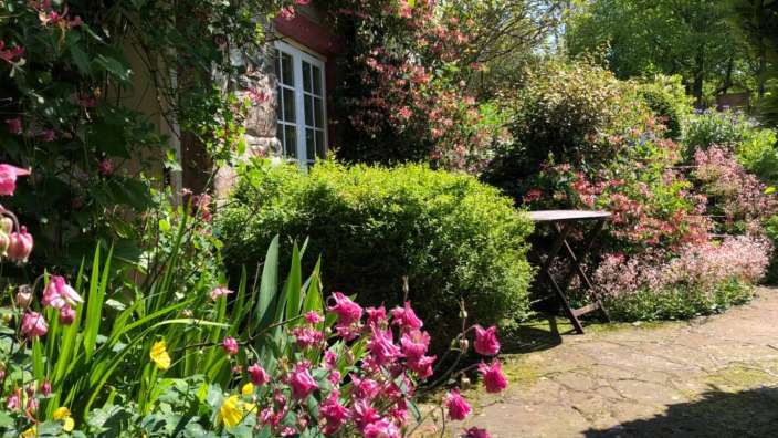 Ein Garten mit rosa und gelben Blumen und einem Tisch
