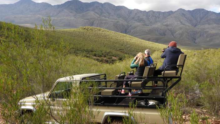 Eine Gruppe von Menschen sitzt in einem Jeep und schaut durch Fernglas
