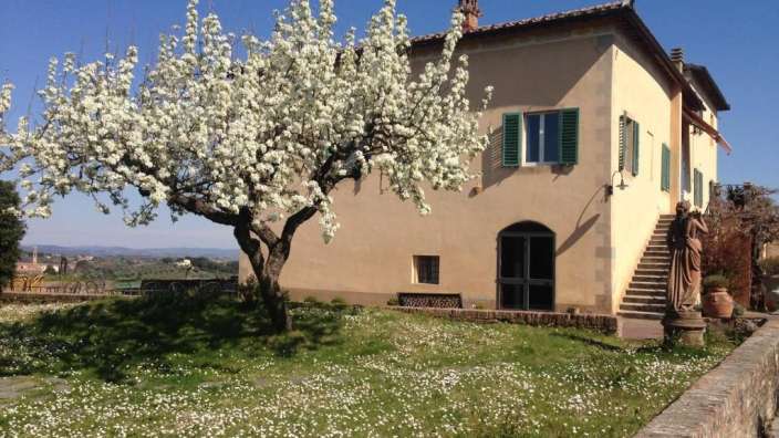 Ein Baum mit weißen Blüten steht vor einem Haus mit grünen Fensterläden