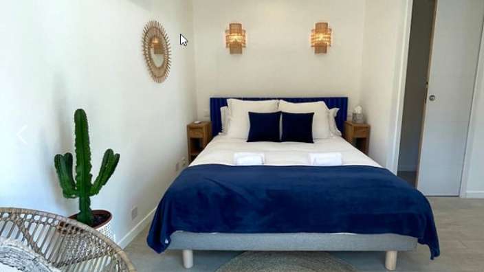 Ein Schlafzimmer mit einem Bett und einer Kaktuspflanze