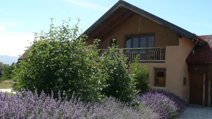 Ein Haus mit einem Balkon und lila Blumen vorne