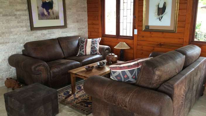 Ein Wohnzimmer mit braunen Ledersofas und einem Bild eines Löwen an der Wand