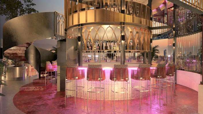 Eine künstlerische Darstellung einer Bar mit rosa Stühlen