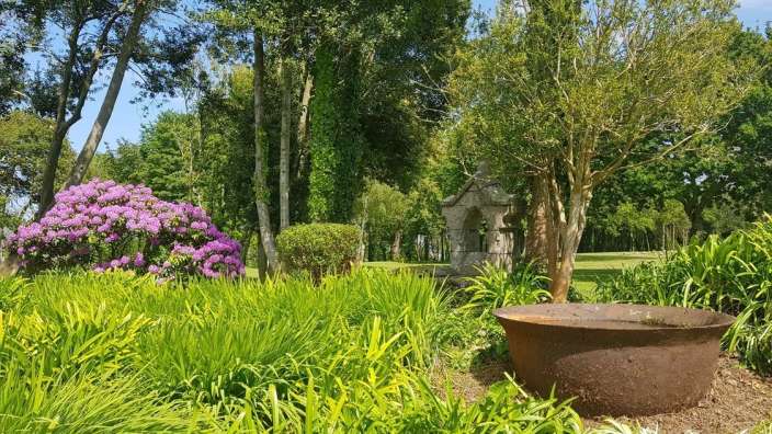 Ein Garten mit lila Blumen und einem großen Metallgefäß im Vordergrund