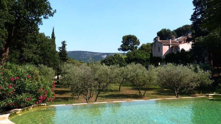 Ein großer Pool mit Bäumen und einem Haus im Hintergrund