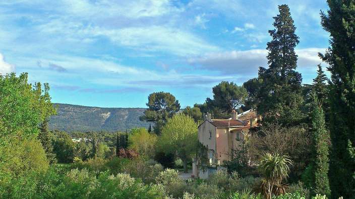 Ein Haus steht inmitten einer üppigen grünen Landschaft
