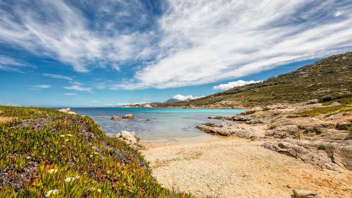 Ein Strand mit einem blauen Wasser und einem blauen Himmel