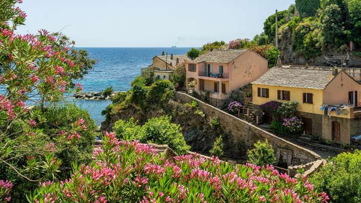 Ein rosa und gelbes Haus auf einem Hügel mit Blick auf das Meer