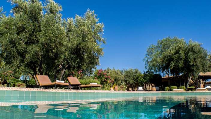 Ein Swimmingpool mit Liegestühlen und Bäumen im Hintergrund
