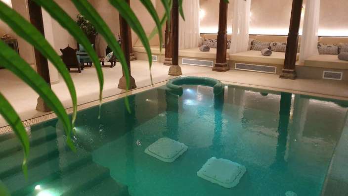 Ein großer Swimmingpool mit einer Palme im Vordergrund