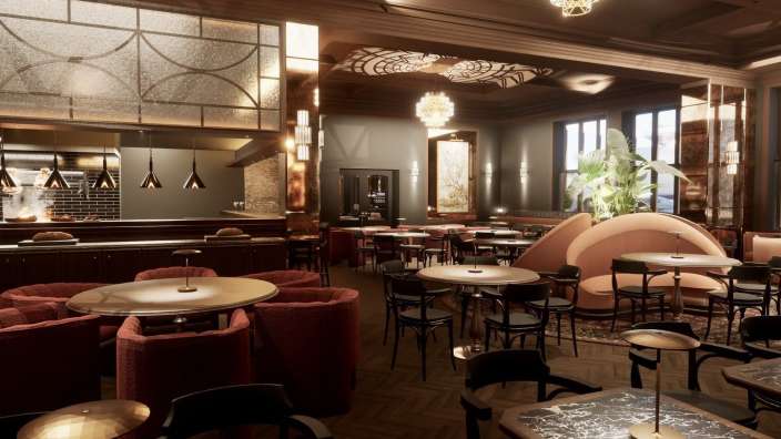 Ein Restaurant mit vielen Tischen und Stühlen