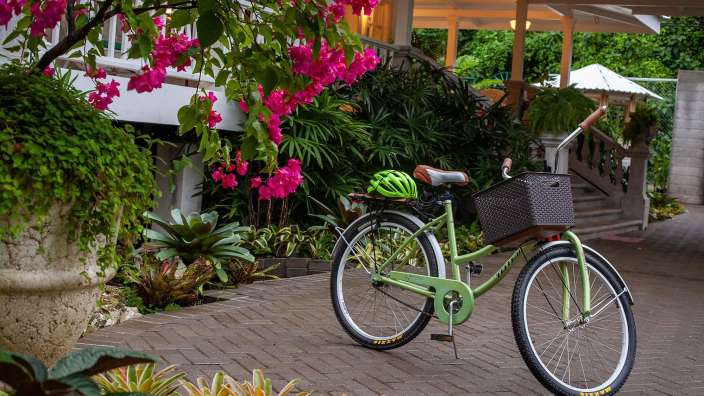 Ein grünes fahrrad mit einem korb und einem helm darauf