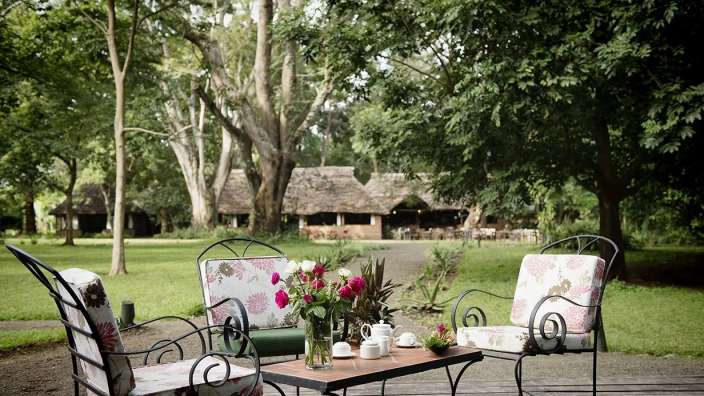 Ein Tisch und Stühle auf einer Terrasse mit Bäumen im Hintergrund