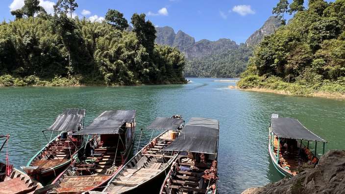 Eine Gruppe von Booten, die an einem See festgemacht sind