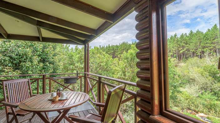Ein Holzdeck mit einem Tisch und Stühlen mit Blick auf einen Wald