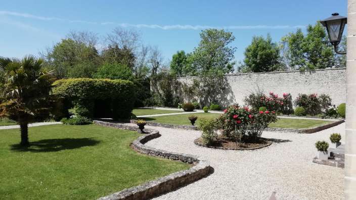 Ein Garten mit Gras und Bäumen an einem sonnigen Tag