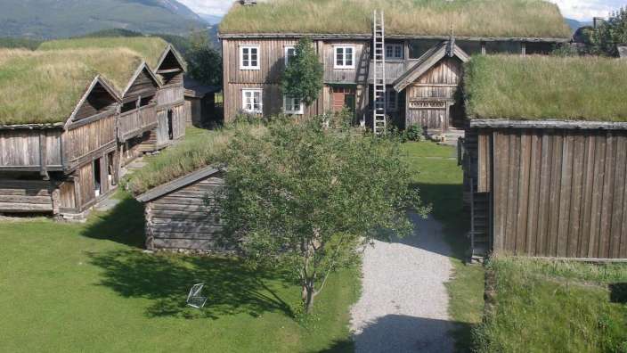 Eine Gruppe von Holzhäusern mit grasbedeckten Dächern