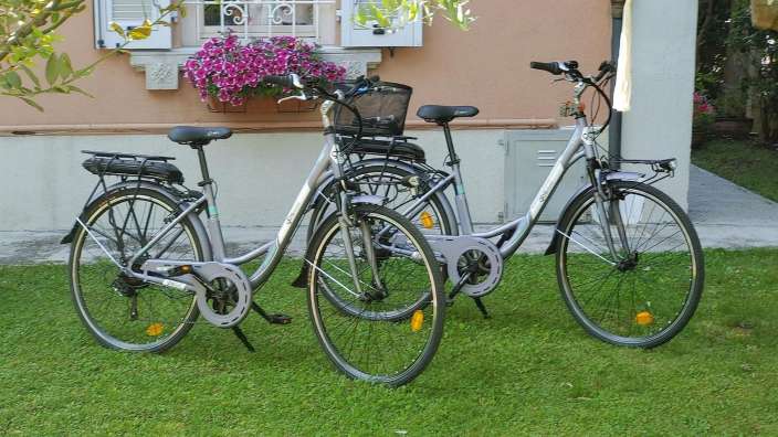 Zwei fahrräder stehen nebeneinander auf einer grünen wiese