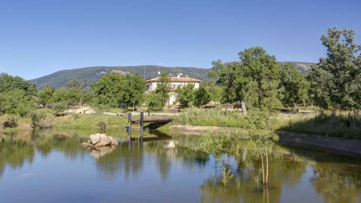 Eine Brücke über einen Teich mit einem Gebäude im Hintergrund