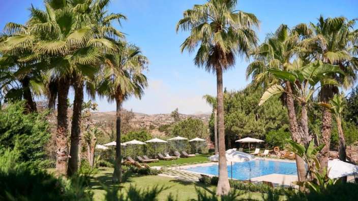 Ein großer Swimmingpool umgeben von Palmen und Sonnenschirmen