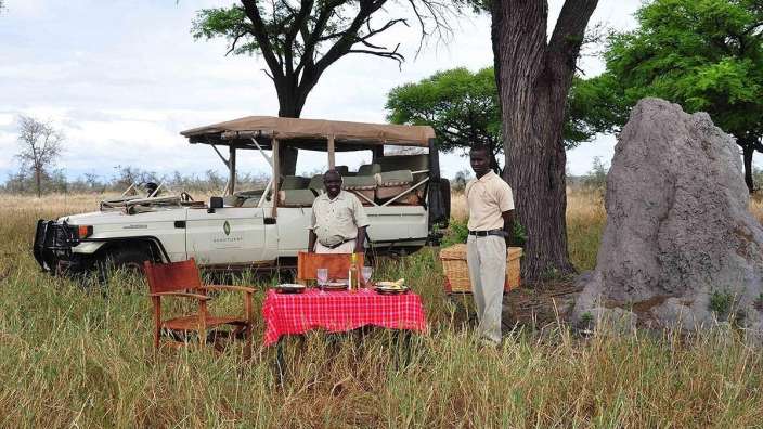 Ein Mann steht neben einem Picknicktisch in der Nähe eines Geländewagens