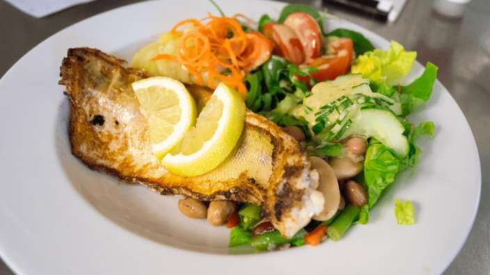 Ein weißer Teller mit einem Fischstück und einem Salat darauf