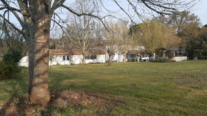 Ein weißes Haus mit einem roten Dach sitzt auf einem grünen Feld