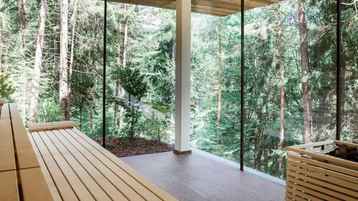 Eine Sauna mit Bänken und einem großen Fenster mit Blick auf einen Wald