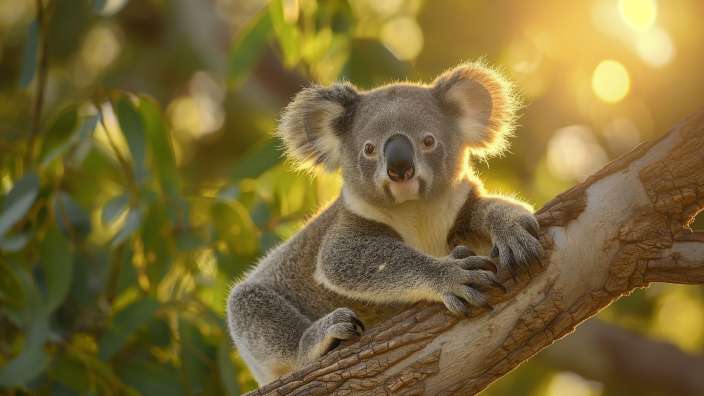 Ein Koala sitzt auf einem Ast und schaut in die Kamera