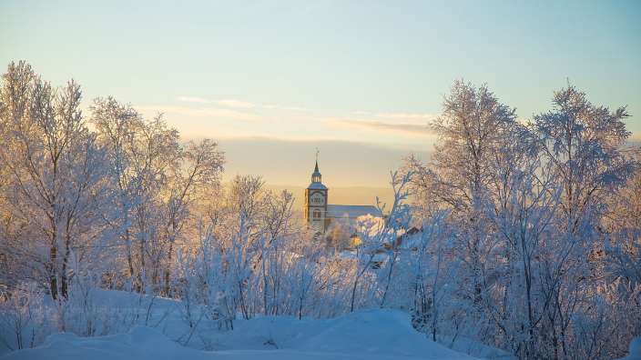 Ein schneebedeckter Wald mit einer Kirche im Hintergrund