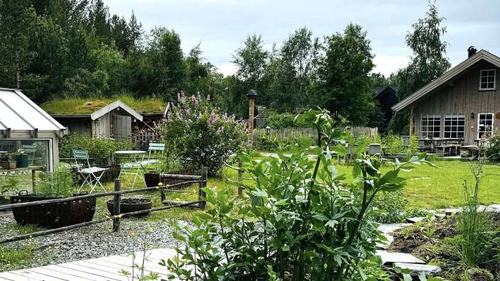 Ein rustikales Haus und zwei kleine Gebäude mit Gründächern sind von üppigem Grün und einem Garten umgeben.