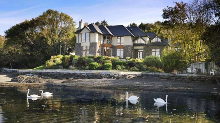 Eine Gruppe von Schwänen schwimmt im Wasser vor einem großen Haus