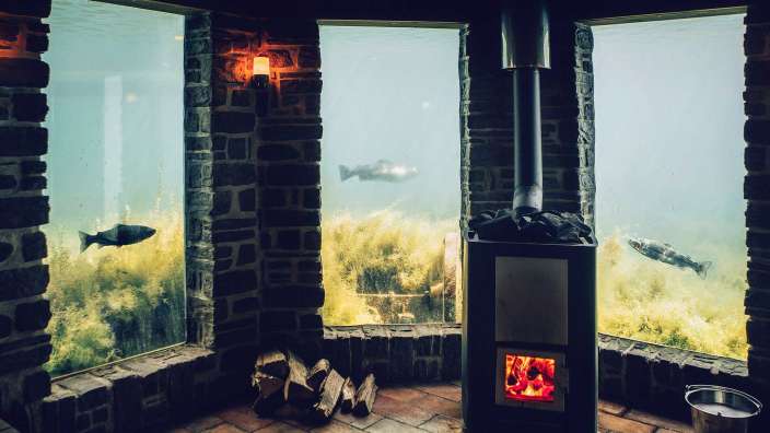 Ein Raum mit einem Kamin und einem Aquarium mit Fischen im Hintergrund